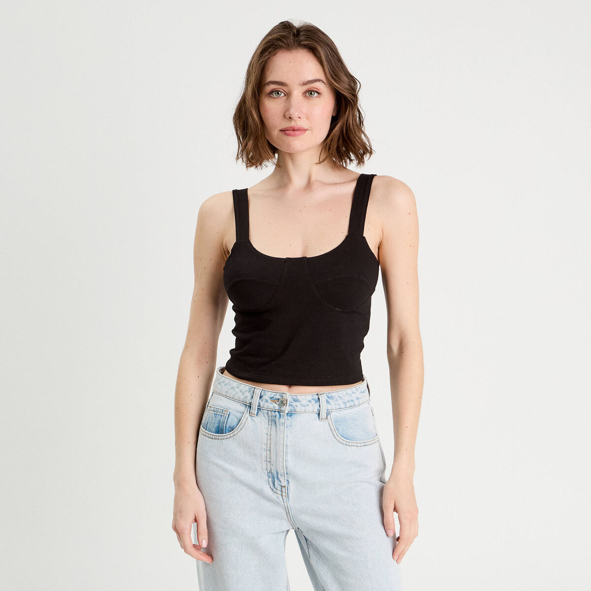 Débardeur cropped bretelles noir femme