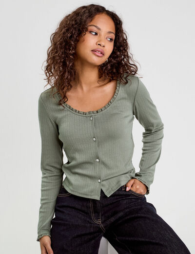 T-shirt manches longues vert kaki femme