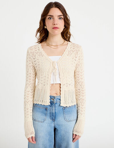 Gilet ajour&eacute; cintr&eacute; manches longues sable femme