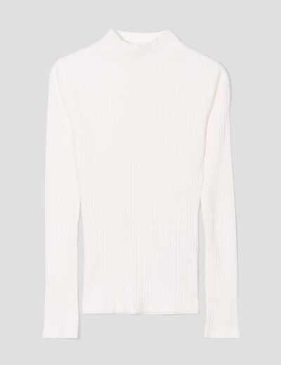 T-shirt côtelé col montant ecru femme