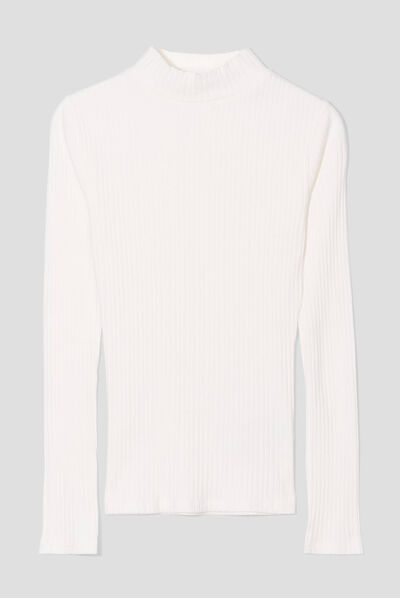 T-shirt côtelé col montant ecru femme