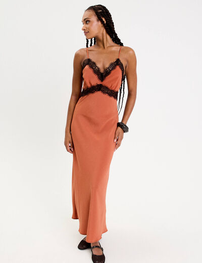 Robe longue droite bretelles terracotta femme
