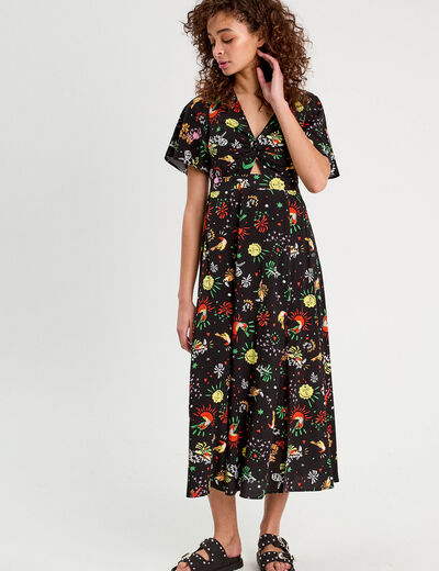Robe longue évasée col twisté noir femme