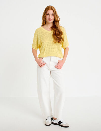 Pull ajour&eacute; col v manches courtes jaune pastel femme