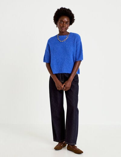 Pull col rond manches courtes bleu electrique femme