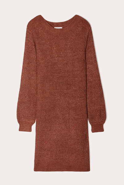 Robe pull droite col rond marron femme