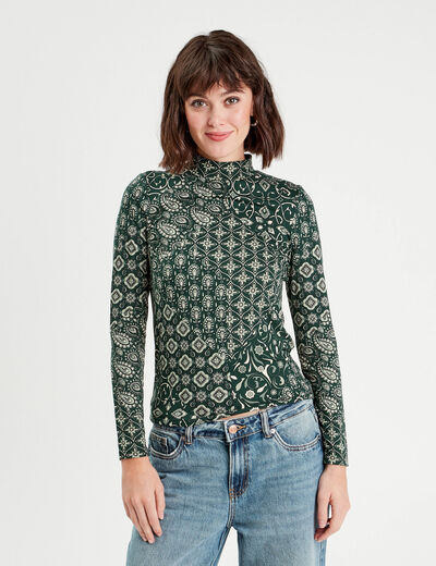 T-shirt col montant vert femme