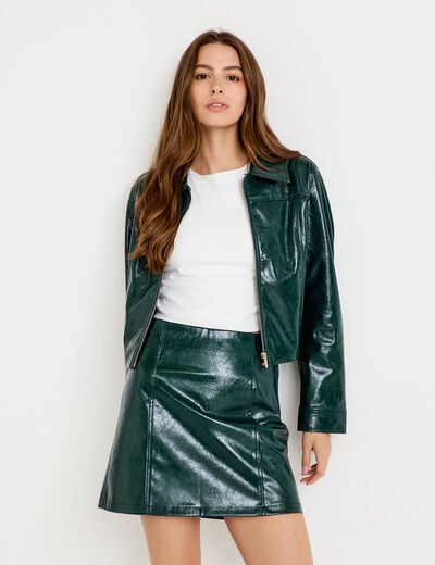 Jupe droite courte en similicuir vert fonc&eacute; femme