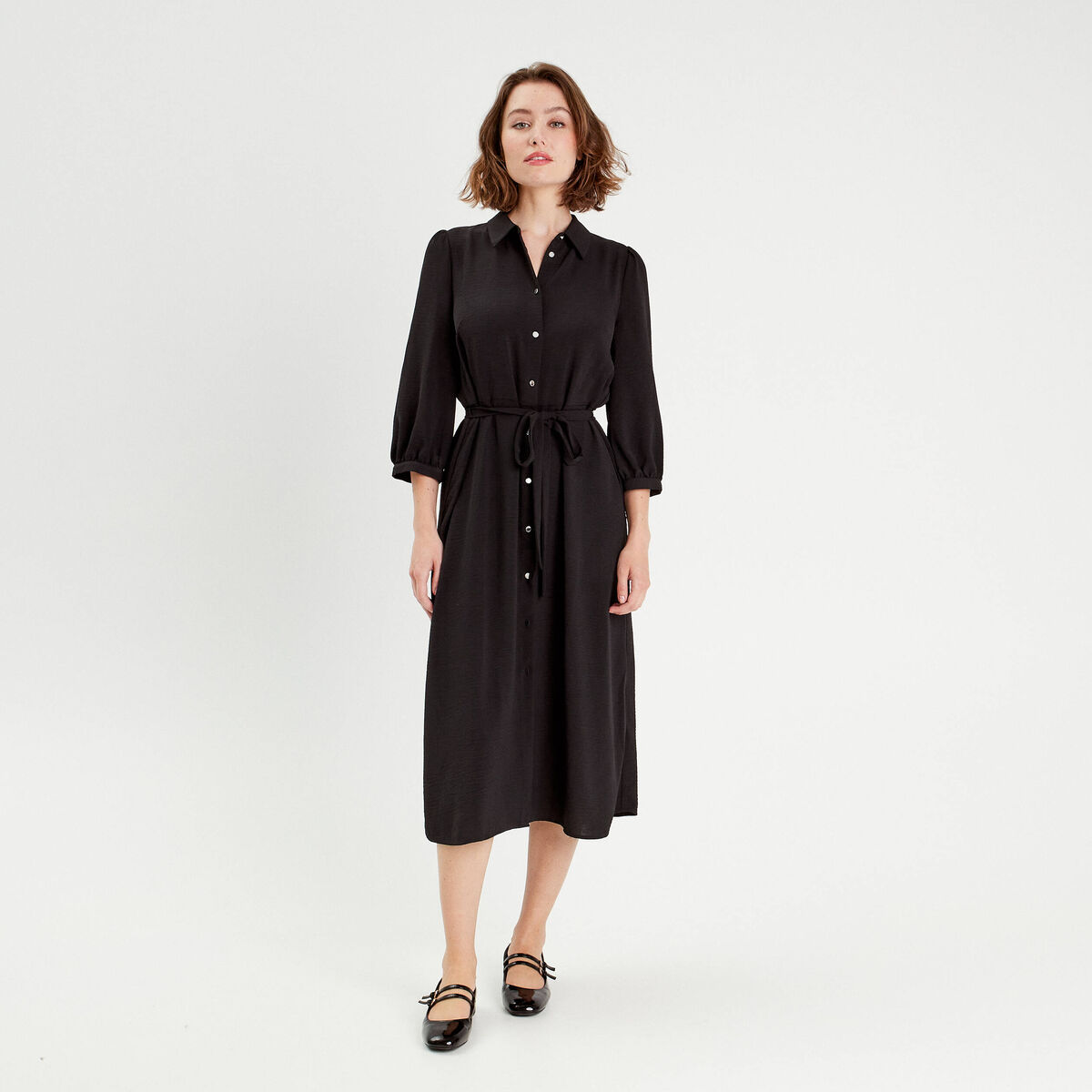 Robe longue chemise ceinturée noir femme