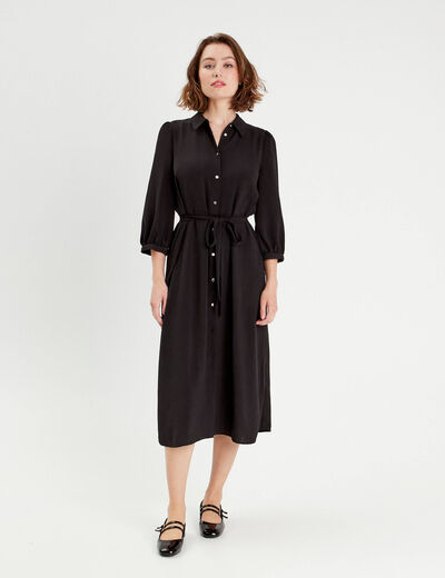 Robe longue chemise ceinturée noir femme