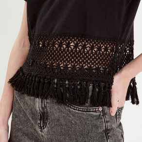 T-shirt franges crochet noir femme