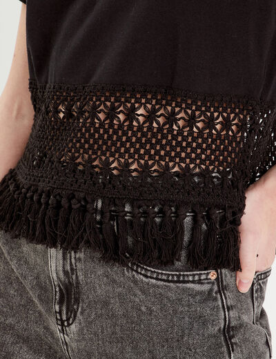 T-shirt franges crochet noir femme
