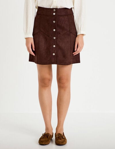 Jupe trap&egrave;ze courte aspect daim marron fonc&eacute; femme