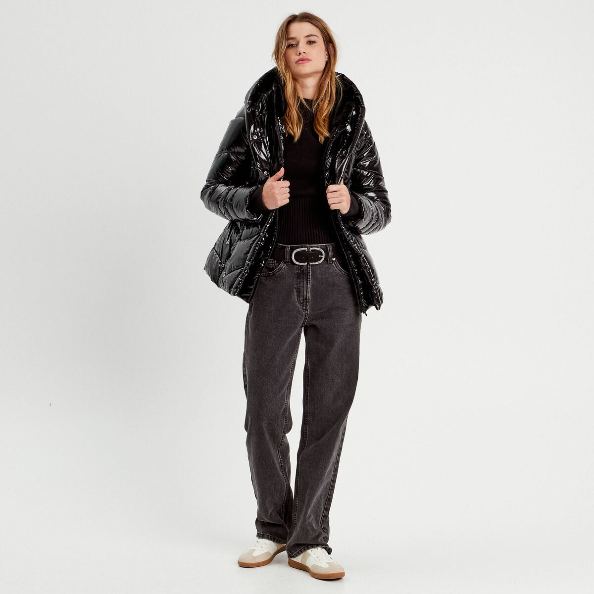 Doudoune aspect vinyle noir femme