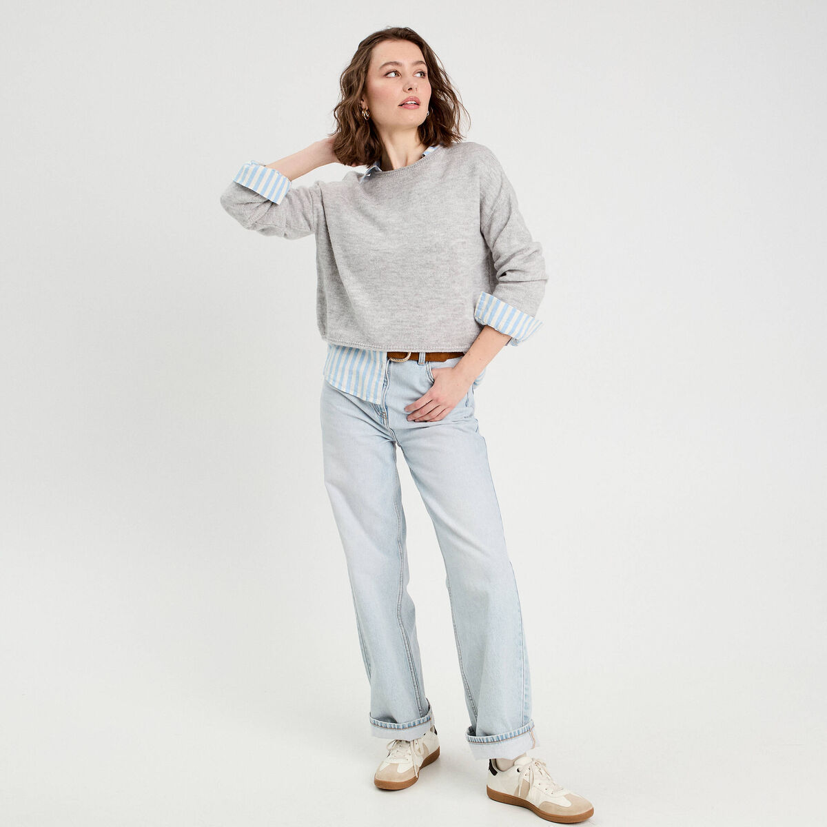 Chemise manches longues contenant du lin bleu femme