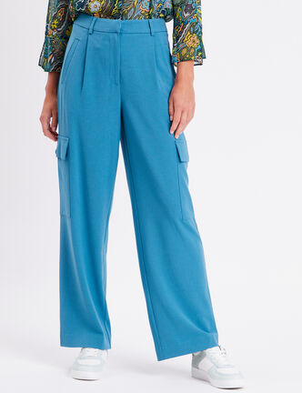 Pantalon city large cargo bleu pétrole femme