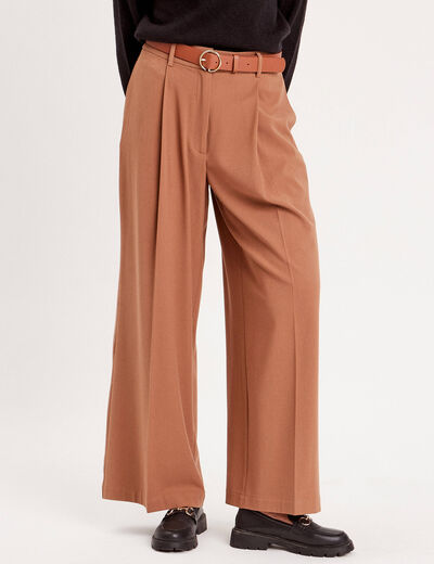 Pantalon large fluide pinces beige femme