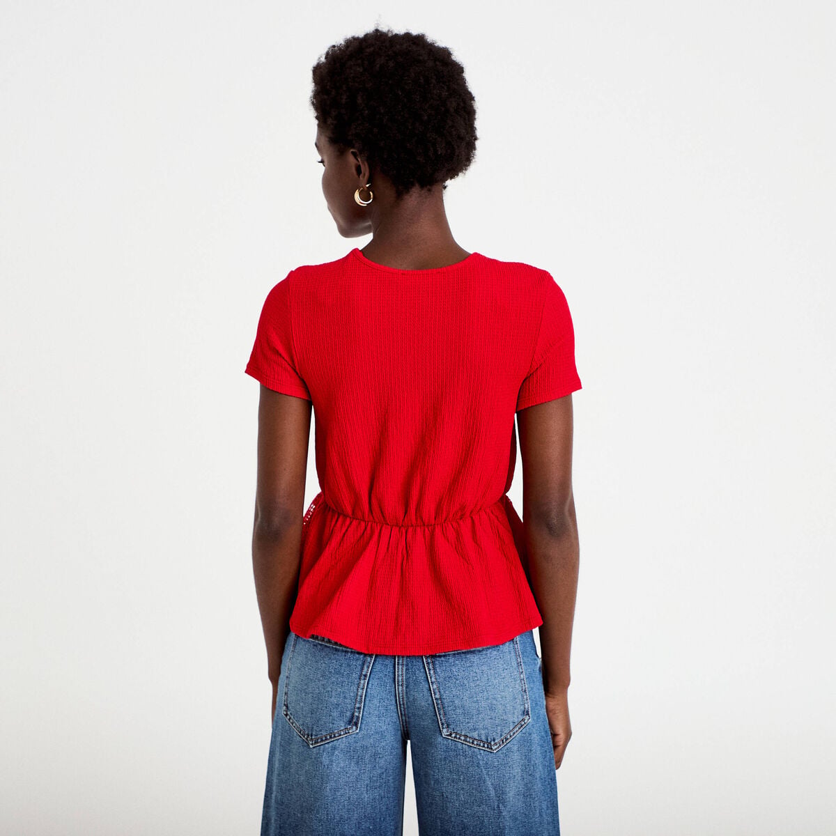 Blouse droite col v manches courtes rouge femme