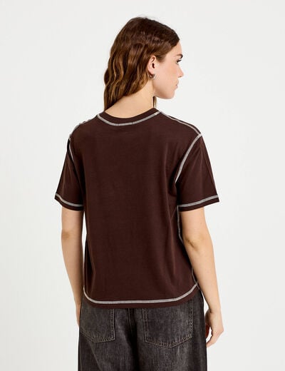 Top col rond manches courtes marron fonc&eacute; femme