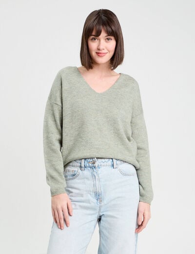 Pull manches longues col en V vert pastel femme
