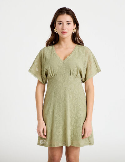 Robe courte &eacute;vas&eacute;e col v dentelle vert kaki femme