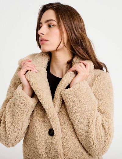 Manteau droit mi-long en bouclette beige femme
