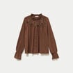 Blouse droite manches longues pliss&eacute;e marron femme