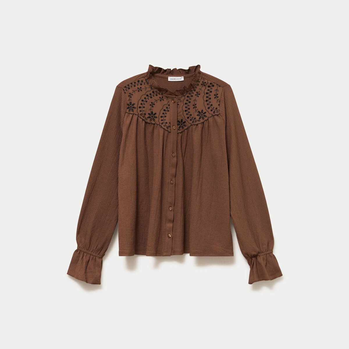 Blouse droite manches longues pliss&eacute;e marron femme