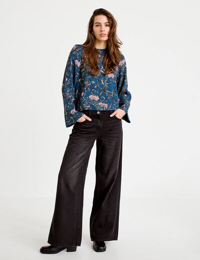 Blouse manches longues encolure bateau bleu p&eacute;trole femme