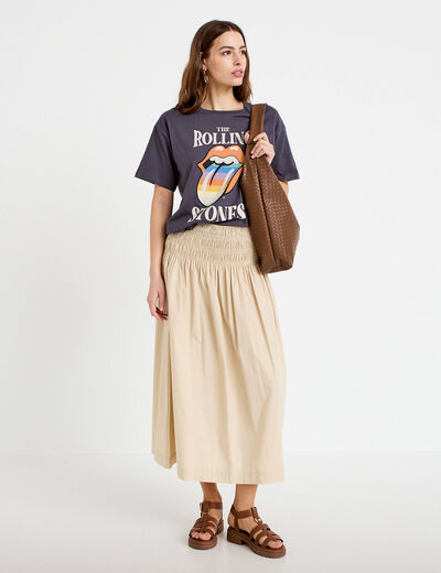 Jupon &eacute;vas&eacute; taille smock&eacute;e beige femme