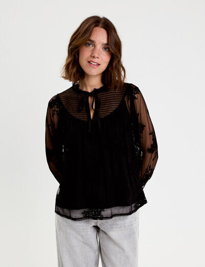 Blouse dentelle manches longues noir femme