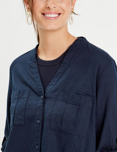 Chemise manches 3/4 contenant du lin bleu marine femme
