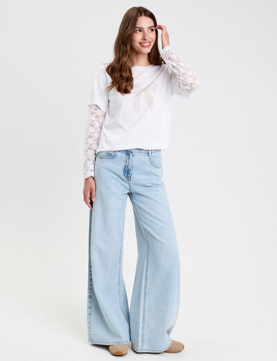 T-shirt droit court col rond dentelle blanc femme