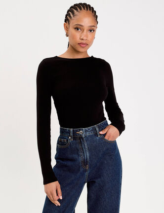 Body cintr&eacute; manches longues bateau noir femme
