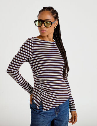 Top ajust&eacute; manches longues col rond marron femme