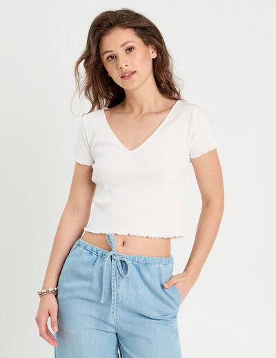 T-shirt côtelé manches courtes blanc femme