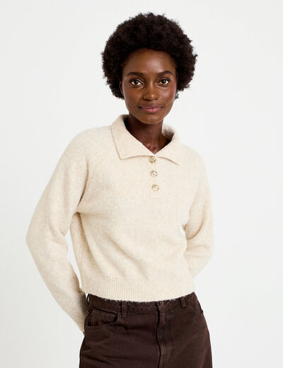 Polo manches longues col chemise beige femme