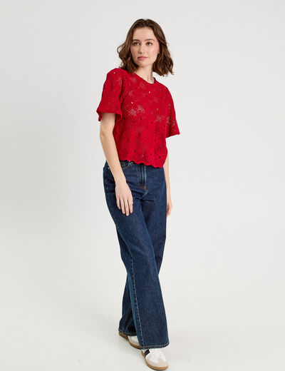 T-shirt dentelle macramé rouge femme