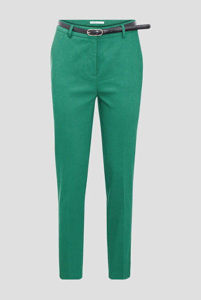 Pantalon cigarette ceinturé vert femme