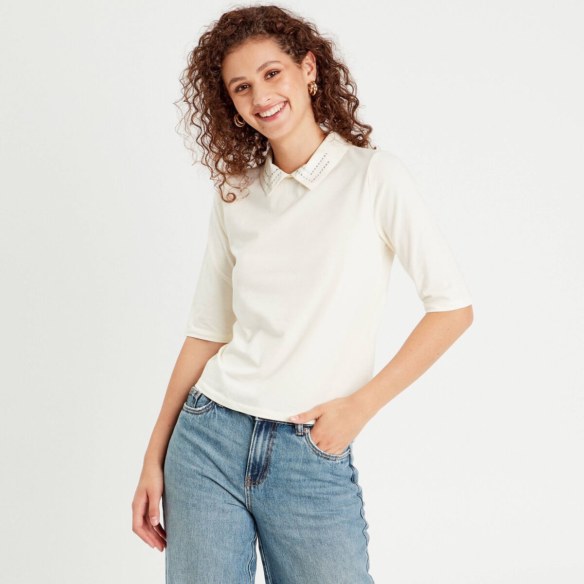 T-shirt col bijoux ecru femme