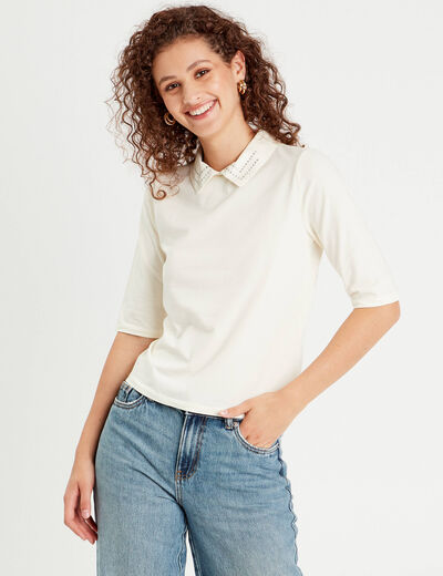 T-shirt col bijoux ecru femme