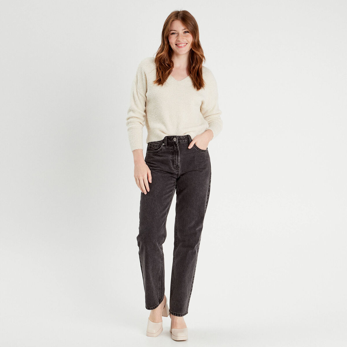 Pull manches longues col en V ecru femme