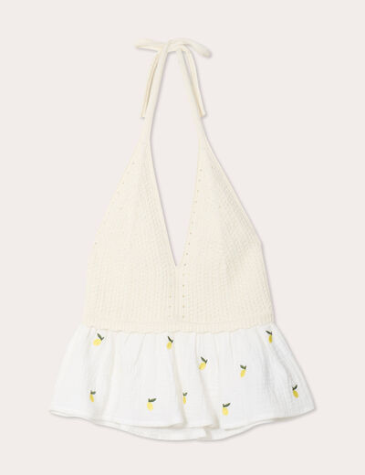 Débardeur tricot brodé ecru femme