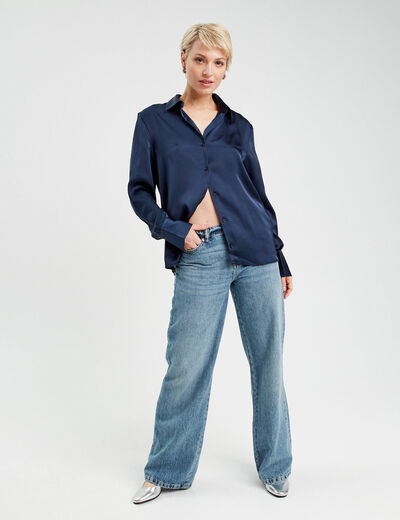 Chemise manches longues satin bleu marine femme