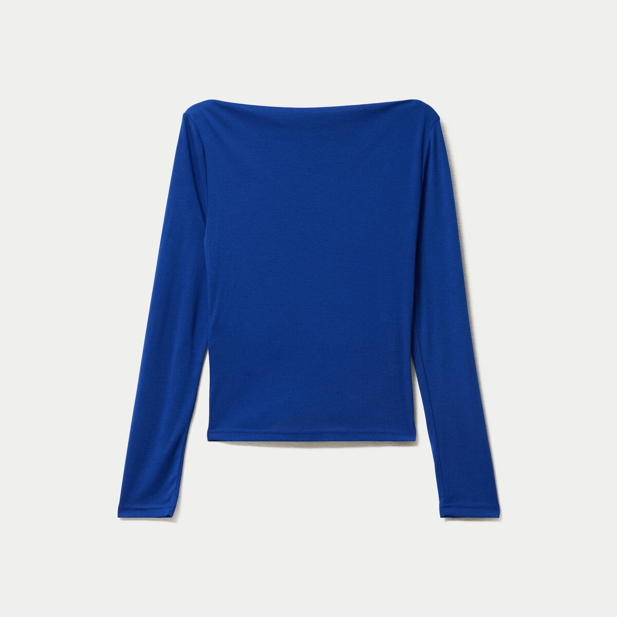T-shirt col b&eacute;nitier manches longues bleu electrique femme