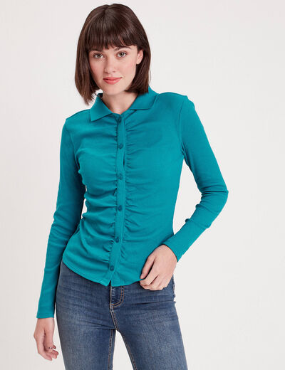 T-shirt côtelé avec fronces bleu femme