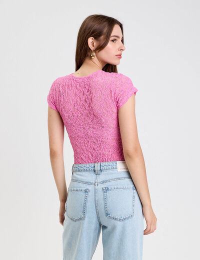 Body ajusté manches courtes dentelle rose femme