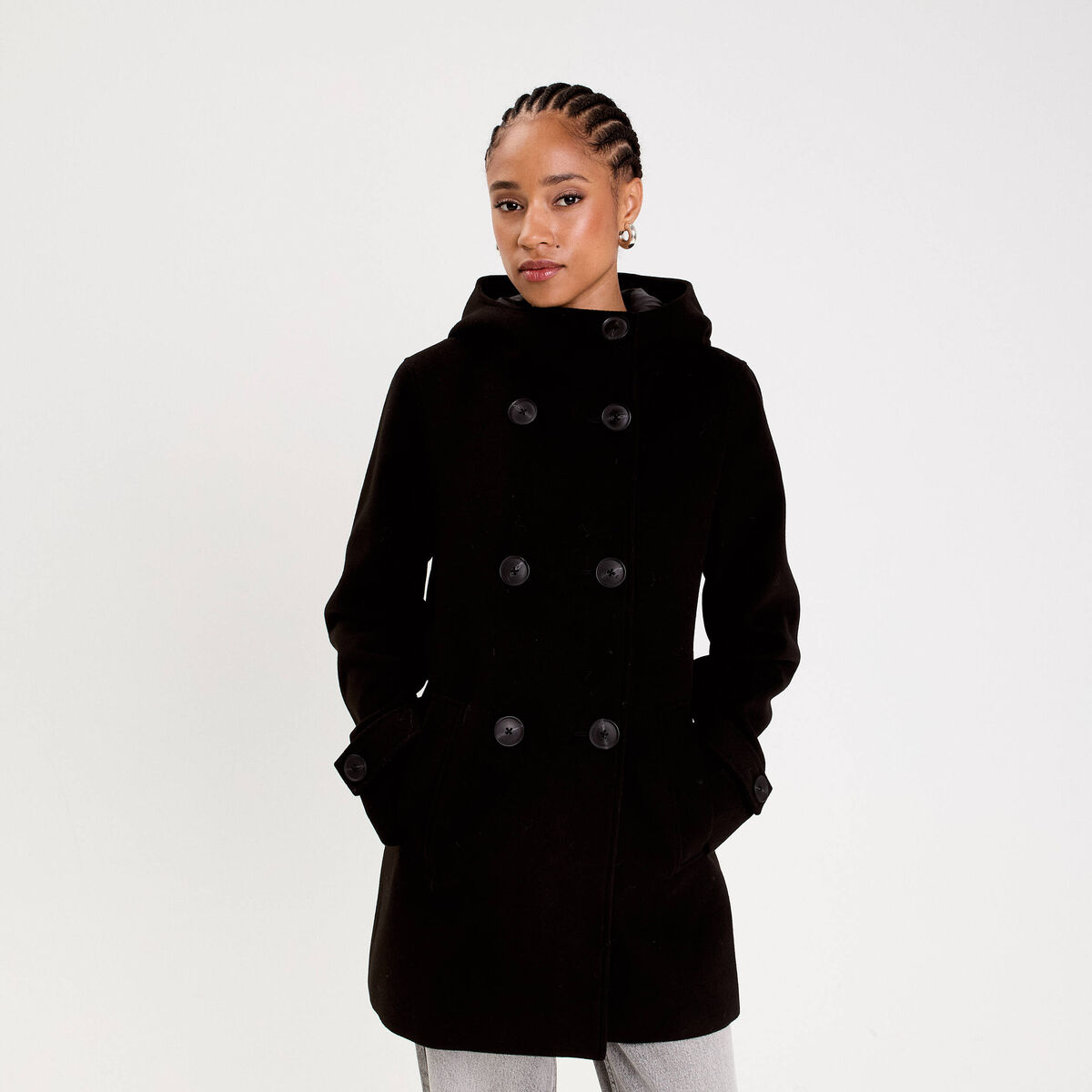 Manteau ajust&eacute; 3/4 &agrave; capuche noir femme