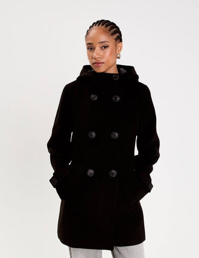 Manteau ajust&eacute; 3/4 &agrave; capuche noir femme