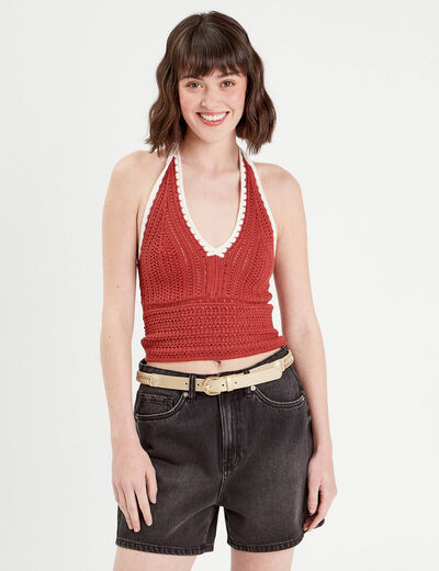 Débardeur cropped crochet vieux rose femme